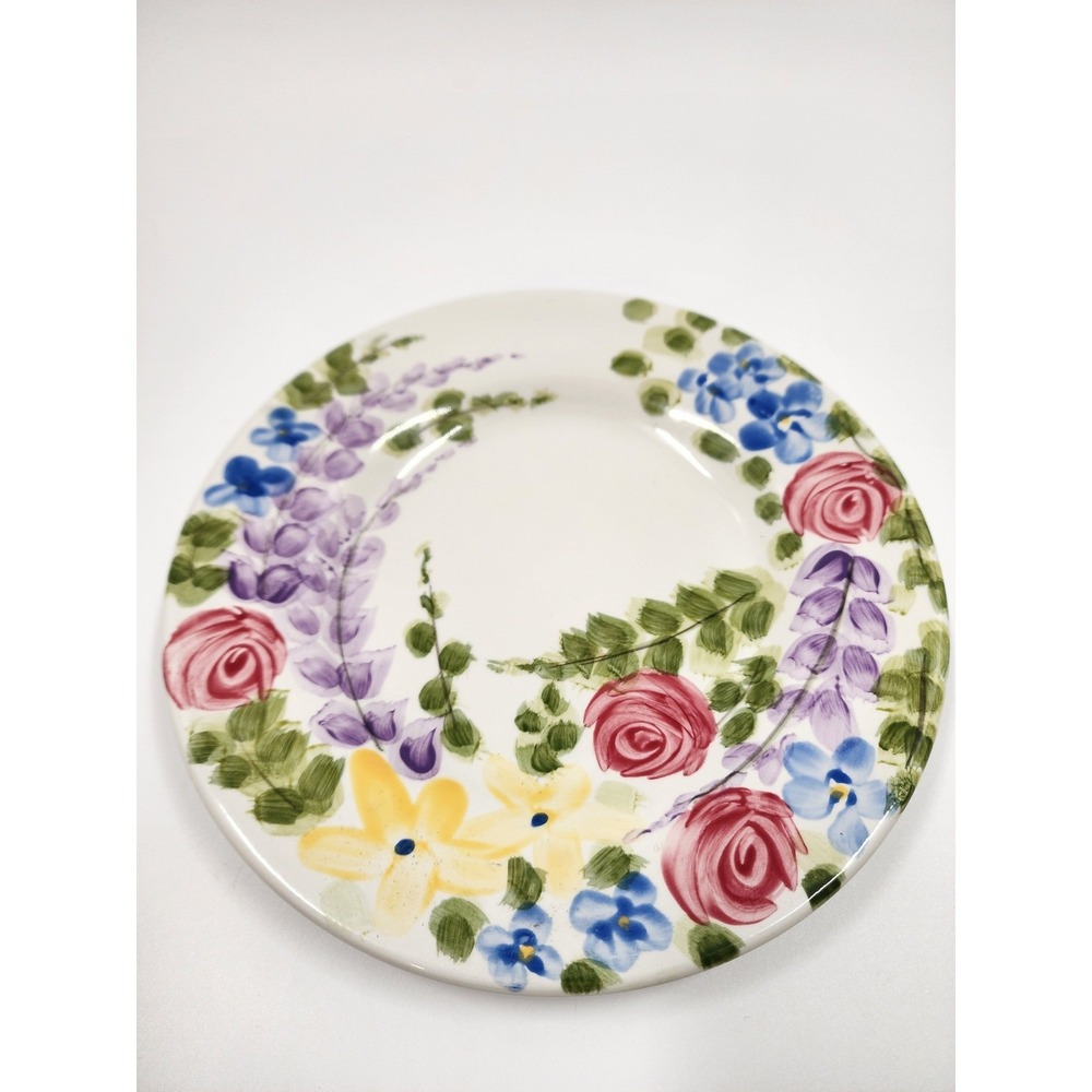 Tabletops Unlimited Valentino Hand Painted Floral Ceramic Plate Pink Rose Yellow